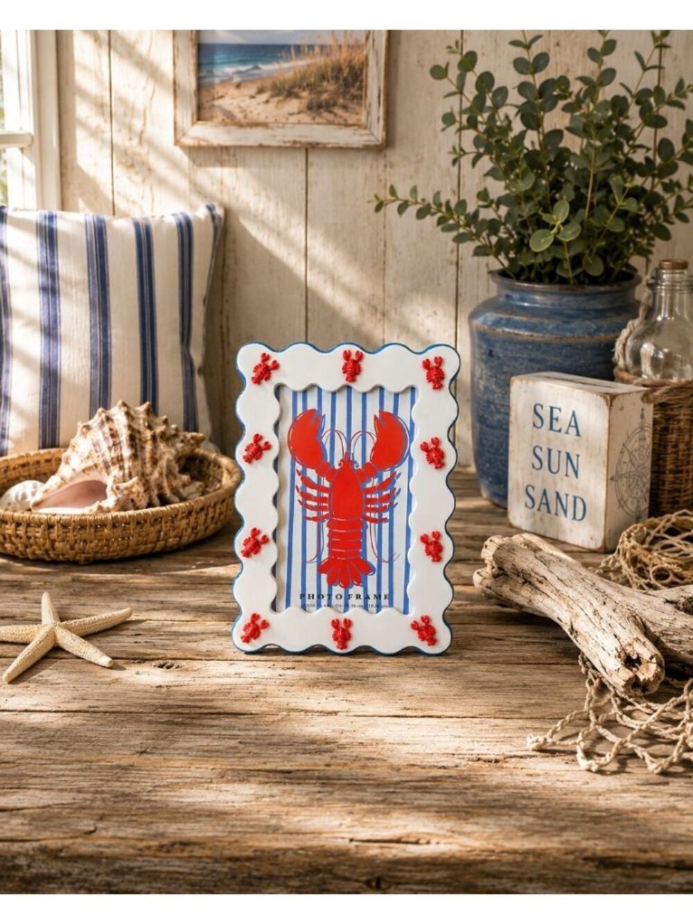 New Lobster Coastal Nautical Beach Blue 3D Room Decor Photo Picture Frame 4x6